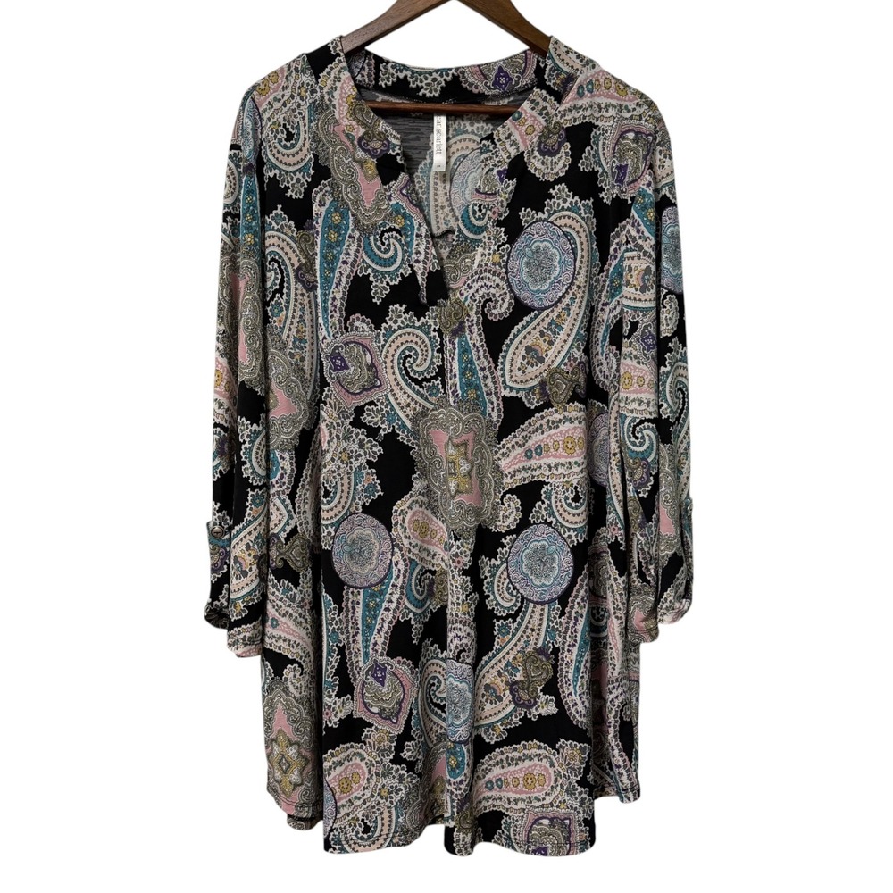 Dear Scarlett Tunic Top Women Plus Size 3X Lizzy-2 Paisley Split Neck Roll Tab